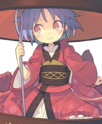 Rule 34 | 1girl, blush, bowl, dress, japanese clothes, jpeg artifacts, kimono, long sleeves, looking to the side, morino hon, needle, obi, object on head, purple hair, red dress, red eyes, ribbon, sash, short hair, simple background, smile, solo, sukuna shinmyoumaru, touhou, white background, wide sleeves