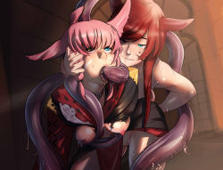 Rule 34 | 10s, 2girls, animal ears, blue eyes, blush, breasts, cat ears, fellatio, final fantasy, final fantasy xiv, grabbing, grabbing another&#039;s breast, grabbing another&#039;s hair, green eyes, heterochromia, irrumatio, john doe, lip biting, long hair, medium breasts, miqo&#039;te, mole, mole under eye, multiple girls, naughty face, nipples, no panties, nose, oral, pink hair, red hair, rolling eyes, sabrith ebonclaw, sweat, tayelle ebonclaw, tears, tentacles, torn clothes