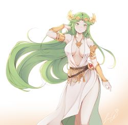 Rule 34 | 1girl, absurdres, breasts, dress, female focus, forehead jewel, green eyes, green hair, hair ornament, highres, jewelry, kid icarus, laurel crown, legs, long hair, long legs, looking at viewer, necklace, nintendo, palutena, parted bangs, pendant, senacolada, side slit, simple background, solo, strapless, strapless dress, super smash bros., thighs, tiara, very long hair