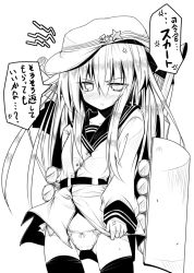 Rule 34 | 10s, 1girl, ai takurou, anger vein, angry, ass, belt, blush, bow, bow panties, buttons, collarbone, cowboy shot, eyebrows, flat cap, greyscale, hair between eyes, hammer and sickle, hat, hibiki (kancolle), kantai collection, long hair, long sleeves, monochrome, no pants, nose blush, panties, school uniform, serafuku, shirt tug, sidelocks, simple background, sketch, solo, speech bubble, spoken anger vein, standing, star (symbol), tears, thighhighs, translation request, underwear, verniy (kancolle), white background