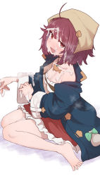 Rule 34 | 1girl, :d, ahoge, atelier (series), atelier sophie, bare shoulders, barefoot, blue coat, blush, breasts, brown eyes, bukkake, cleavage, coat, cum, cum on body, cum on breasts, cum on clothes, cum on hair, cum on upper body, facial, fang, head scarf, highres, jewelry, long sleeves, looking at viewer, medium breasts, medium hair, necklace, open clothes, open coat, open mouth, red hair, red skirt, simple background, sitting, skirt, smile, solo, sophie neuenmuller, sumiyao (amam), sweat, wariza, white background, wide sleeves