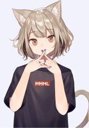 Rule 34 | 1girl, :3, animal ear fluff, animal ears, black shirt, blue nails, brown eyes, brown hair, cat ears, cat girl, cat tail, closed mouth, grey background, hands up, looking at viewer, nail polish, original, shirt, short hair, short sleeves, shugao, simple background, smile, solo, tail, upper body
