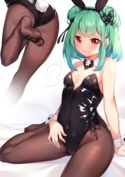 Rule 34 | 1girl, animal ears, ass, bare shoulders, black leotard, blush, bow, bowtie, breasts, butterfly hair ornament, closed mouth, detached collar, double bun, fake animal ears, green hair, hair bun, hair intakes, hair ornament, highres, hololive, leg up, leotard, multiple views, nahaki, pantyhose, playboy bunny, rabbit ears, rabbit tail, red eyes, short hair, sitting, skull, small breasts, tail, uruha rushia, virtual youtuber, wrist cuffs