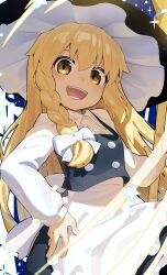 Rule 34 | 1girl, :d, apron, black hat, black skirt, black vest, blonde hair, bow, braid, breasts, brown eyes, collared shirt, commentary request, dress shirt, frilled apron, frills, hair between eyes, hair bow, hand on own hip, hat, highres, kirisame marisa, long sleeves, looking at viewer, monosenbei, open mouth, puffy long sleeves, puffy sleeves, shirt, single braid, skirt, small breasts, smile, solo, touhou, vest, waist apron, white apron, white bow, white shirt