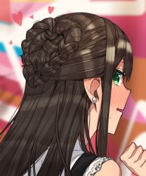 Rule 34 | 1girl, alternate hairstyle, bare shoulders, black hair, blush, braid, clenched hand, ear blush, earrings, embarrassed, erere, french braid, from behind, full-face blush, green eyes, heart, idolmaster, idolmaster cinderella girls, jewelry, long hair, looking at viewer, looking back, open mouth, portrait, shibuya rin, shirt, solo, stud earrings, suspenders, sweatdrop, wavy mouth, white shirt