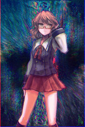 Rule 34 | 1girl, :|, abstract background, absurdres, adjusting hair, ahoge, arm at side, black socks, black vest, border, brown eyes, brown hair, buttons, closed mouth, collared shirt, commentary, eyebrows hidden by hair, feet out of frame, glasses, hand up, highres, katari, kneehighs, long sleeves, looking to the side, medium hair, miniskirt, neckerchief, no headwear, no headwear, red neckerchief, red skirt, school uniform, semi-rimless eyewear, shirt, signature, skirt, socks, solo, standing, star (symbol), touhou, usami sumireko, vest, wavy hair, white shirt