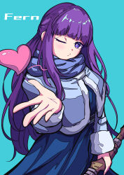Rule 34 | 1girl, absurdres, blowing kiss, blue background, blue dress, blue jacket, blue scarf, blunt bangs, character name, commentary request, dress, fern (sousou no frieren), frieren blowing a kiss (meme), heart, highres, holding, holding staff, jacket, karan koron100, long hair, looking at viewer, mage staff, meme, o3o, one eye closed, outstretched hand, purple eyes, purple hair, scarf, simple background, solo, sousou no frieren, staff