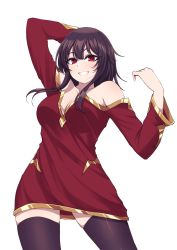 Rule 34 | 1girl, aged up, alternate breast size, arm up, bad arm, bare shoulders, breasts, brown hair, cleavage, collarbone, commentary, commission, cowboy shot, disco brando, dress, grin, hand up, highres, kono subarashii sekai ni shukufuku wo!, long hair, long sleeves, looking at viewer, medium breasts, megumin, no headwear, off-shoulder dress, off shoulder, red dress, red eyes, short dress, smile, standing, thighhighs, thighs, tsurime, white background, zettai ryouiki