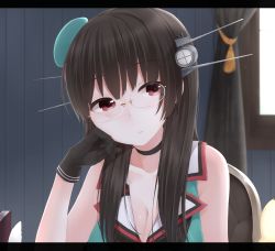 Rule 34 | 10s, 1girl, black gloves, black hair, blurry, book, breasts, chair, choker, choukai (kancolle), cleavage, closed mouth, curtains, depth of field, eyebrows, glasses, gloves, headgear, highres, indoors, kantai collection, letterboxed, long hair, on chair, quill, red eyes, rimless eyewear, school uniform, serafuku, sitting, sleeveless, solo, upper body, yukichi (sukiyaki39)