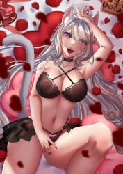 Rule 34 | 1girl, absurdres, animal ear fluff, animal ears, bed, black lingerie, black nail polish, black nails, breasts, cat ears, cat girl, cat tail, chocolate, chocolate covered strawberry, choker, fangs, happy, highres, indie virtual youtuber, long hair, looking at viewer, lying, nail polish, navel, nekomancer, nekomancervt, persephone, petals, purple eyes, rose petals, solo, tail, valentines chocolate, virtual youtuber, white hair, yellow eyes
