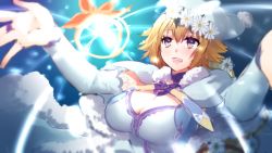 Rule 34 | 1girl, :d, alternate costume, bad id, bad pixiv id, blonde hair, breasts, cape, cleavage, cleavage cutout, clothing cutout, detached sleeves, dress, fate/apocrypha, fate/grand order, fate (series), foreshortening, fur-trimmed cape, fur trim, hat, head wreath, jeanne d&#039;arc (fate), jeanne d&#039;arc (ruler) (fate), large breasts, long sleeves, open mouth, outstretched arms, pantsu (lootttyyyy), pom pom (clothes), purple eyes, santa hat, short hair, smile, solo, upper body, white cape, white dress, white hat