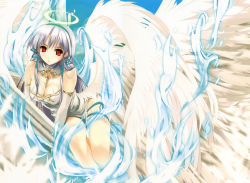 Rule 34 | 1girl, absurdres, angel, angel wings, arched back, arm support, bare shoulders, between breasts, blue fire, blurry, breasts, bridal garter, cleavage, cloud, copyright request, cradle (circle), depth of field, detached collar, dress, elbow gloves, empty eyes, fire, frills, frown, gloves, glowing, hair ribbon, hairband, halo, highres, jewelry, large breasts, leaning, long hair, looking at viewer, lying, misaki kurehito, multiple wings, outdoors, parted bangs, red eyes, ribbon, rooftop, seraph, sidelocks, silver hair, sky, solo, thighs, turtleneck, very long hair, wings