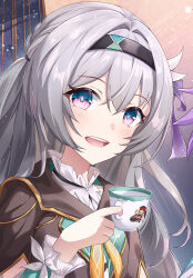 Rule 34 | 1girl, :d, absurdres, areluna, black hairband, black jacket, commentary, cup, firefly (honkai: star rail), grey hair, hairband, hand up, highres, holding, holding cup, honkai: star rail, honkai (series), jacket, long hair, looking at viewer, open mouth, pom-pom (honkai: star rail), purple eyes, smile, solo, upper body