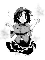 Rule 34 | 1girl, black ribbon, black skirt, breasts, cabbie hat, chinese clothes, commentary request, cowboy shot, eyes visible through hair, fingernails, greyscale, hair between eyes, hat, highres, impossible clothes, impossible shirt, jiangshi, lace-trimmed sleeves, lace trim, large breasts, looking at viewer, miyako yoshika, monochrome, navel, ofuda, open mouth, outstretched arms, ribbon, shirt, short hair, short sleeves, simple background, skirt, solo, star (symbol), tanasuke, tangzhuang, teeth, touhou, upper teeth only, white background, wide sleeves, zombie pose