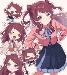 Rule 34 | 1girl, angry, blazer, blue bow, blue bowtie, blue eyes, blue skirt, bow, bowtie, brown footwear, brown hair, chibi, closed eyes, commentary request, dot nose, fang, flying sweatdrops, gakuen idolmaster, hanami saki, hand on own cheek, hand on own face, hands on own hips, hatsuboshi gakuen school uniform, highres, idolmaster, jacket, light blush, long hair, long sleeves, looking at viewer, multiple views, open mouth, pink jacket, pleated skirt, pyopyo, sad, school uniform, shirt, sidelocks, skin fang, skirt, smile, smug, twintails, v-shaped eyebrows, wavy hair, wavy mouth, white background, white jacket, white shirt