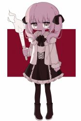 Rule 34 | 1girl, absurdres, ada (iyowa), adipocere (vocaloid), black bow, black footwear, black pantyhose, black ribbon, black skirt, boots, border, bow, closed mouth, collared shirt, expressionless, fire, frilled skirt, frills, full body, fur-trimmed jacket, fur trim, grey eyes, grey hair, hair bow, highres, holding, holding torch, iyowa girls, jacket, jitome, looking at viewer, open clothes, open jacket, pantyhose, red background, ribbon, shirt, sidelocks, simple background, skirt, solo, standing, torch, twintails, vocaloid, white border, white jacket, white shirt, xiaoxigezitang