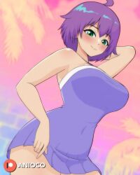 Rule 34 | 1girl, anioco, arm behind head, armpits, breasts, clothes lift, covered navel, green eyes, highres, large breasts, legs, looking at viewer, model pose, original, purple hair, short hair, sleeveless, smile, solo, thighs, yukino akaihi