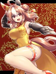 Rule 34 | 1girl, animal ears, black gloves, breasts, brown hair, china dress, chinese clothes, copano rickey (umamusume), dragon, dress, ear covers, fang, gloves, high heels, highres, horse ears, horse girl, horse tail, large breasts, leg up, looking at viewer, medium hair, pataneet, purple eyes, red background, red eyes, red footwear, simple background, single ear cover, solo, standing, standing on one leg, tail, thigh strap, umamusume, white background, yellow dress