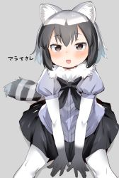 Rule 34 | 1girl, :d, animal ears, atage, blush, bow, bowtie, common raccoon (kemono friends), fur collar, gradient hair, grey background, grey hair, half-closed eyes, kemono friends, looking at viewer, multicolored hair, open mouth, puffy short sleeves, puffy sleeves, raccoon ears, raccoon tail, short hair, short sleeves, simple background, sitting, skirt, smile, solo, tail, translated, two side up