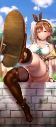 Rule 34 | 1girl, :3, absurdres, arm behind head, ass, atelier (series), atelier ryza, atelier ryza 2, breasts, brick wall, brown eyes, brown footwear, brown hair, cleavage, cloud, cloudy sky, collarbone, feet, foot focus, foot up, foreshortening, full body, highres, jacket, large breasts, leg up, looking at viewer, off shoulder, outdoors, presenting foot, reisalin stout, revision, sandals, shirt, shoe soles, shoes, short hair, short shorts, shorts, single thighhigh, sitting, sky, sleeveless, sleeveless jacket, sleeveless shirt, smile, solo, thick thighs, thigh strap, thighhighs, thighs, toenails, toes, tree, white headwear, white shirt, yellow jacket, yui hiroshi
