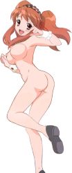Rule 34 | 1girl, asahina mikuru, ass, breasts, female focus, legs, long hair, long image, nipples, nude, nude filter, simple background, smile, solo, suzumiya haruhi no yuuutsu, tall image, thighs, third-party edit