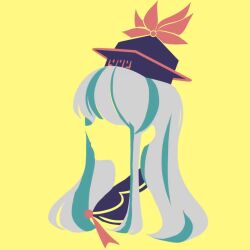 Rule 34 | 1girl, blue hair, blue headwear, flat color, from side, kamishirasawa keine, limited palette, long hair, maskin mei, multicolored hair, neckerchief, no lineart, portrait, red neckerchief, silhouette, simple background, solo, touhou, two-tone hair, white hair, yellow background