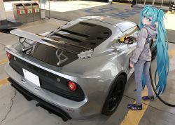 Rule 34 | 1girl, alternate costume, black footwear, blue eyes, blue hair, blush, car, casual, closed mouth, clothes writing, day, denim, from side, full body, gas station, grey hoodie, hatsune miku, hood, hood down, hoodie, jeans, long hair, long sleeves, looking at viewer, looking to the side, lotus (brand), motor vehicle, outdoors, pants, reflection, solo, standing, takepon1123, twintails, union jack, vehicle focus, very long hair, vocaloid
