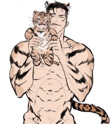 Rule 34 | 1boy, :q, abs, animal, animal ears, bara, body fur, cowboy shot, gimgyeon (dog 0987), highres, holding, holding animal, large pectorals, looking at viewer, male focus, mature male, muscular, muscular male, navel, nude, original, out-of-frame censoring, pectorals, sanpaku, seductive smile, short hair, sideburns, smile, solo, stomach, tail, thick eyebrows, tiger, tiger boy, tiger cub, tiger ears, tiger stripes, tiger tail, tongue, tongue out, undercut