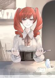 Rule 34 | 1girl, black box, blouse, bottle, brown shirt, brown skirt, collared shirt, counter, cup, door, evil smile, evillious nendaiki, gears, highres, holding flute, kasane teto, long hair, looking at viewer, mirror, neck ribbon, note, pale skin, red eyes, red hair, ribbon, ringlets, shirt, skirt, smile, solo, tomari drew, twintails