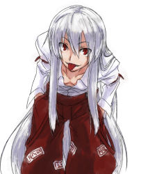 Rule 34 | 1girl, :p, blouse, cowboy shot, face, female focus, fujiwara no mokou, hair between eyes, hair ornament, hands in pockets, highres, long hair, ofuda, ofuda on clothes, shirt, simple background, sketch, smile, solo, suspenders hanging, tongue, tongue out, touhou, unworn hair ornament, very long hair, white background, white shirt, y/n