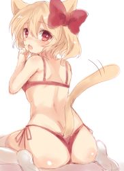 Rule 34 | 1girl, animal ears, ass, bad id, bad pixiv id, bare shoulders, bra, cat ears, cat tail, artistic error, flandre scarlet, kemonomimi mode, looking back, no wings, panties, paragasu (parags112), red bra, red panties, short hair, side-tie panties, simple background, solo, tail, tail wagging, thighhighs, touhou, underwear, underwear only, white background, white thighhighs, wrong hand