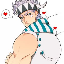 Rule 34 | battle tendency, blue hair, caesar anthonio zeppeli, crossed arms, facial mark, from behind, gradient hair, grey eyes, grey hair, headband, heart, jojo no kimyou na bouken, looking back, lowres, male focus, multicolored hair, official alternate costume, scarf, solo, striped clothes, striped scarf, sujiko (125motimoti), vest, white hair