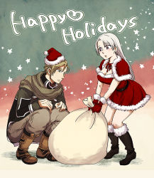 Rule 34 | 1boy, 1girl, breasts, brown hair, chris lightfellow, christmas, cleavage, closed mouth, commentary request, gensou suikoden, gensou suikoden iii, long hair, nash latkje, ruruo (p76), short hair, silver hair