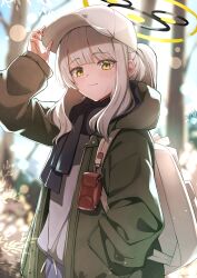 Rule 34 | 1girl, absurdres, backpack, bag, blue archive, blush, closed mouth, green eyes, green jacket, grey hair, grey hoodie, grey shorts, halo, hand in pocket, hare (blue archive), hare (camp) (blue archive), hat, highres, hood, hoodie, jacket, kuromiz, long hair, long sleeves, looking at viewer, official alternate costume, ponytail, shorts, smile, solo, white hat