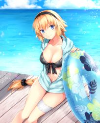 Rule 34 | 1girl, bikini, bikini under clothes, black bikini, black hairband, black scrunchie, blonde hair, blue eyes, blue jacket, blue sky, blush, braid, breasts, cleavage, closed mouth, cloud, cloudy sky, collarbone, commentary request, day, fate/grand order, fate (series), feet out of frame, fingernails, hair between eyes, hair ornament, hair scrunchie, hairband, hood, hood down, hooded jacket, horizon, innertube, jacket, jeanne d&#039;arc (fate), jeanne d&#039;arc (ruler) (fate), jeanne d&#039;arc (swimsuit archer) (fate), jeanne d&#039;arc (swimsuit archer) (first ascension) (fate), kubyou azami, long hair, medium breasts, ocean, open clothes, open jacket, outdoors, scrunchie, signature, single braid, sitting, sky, smile, solo, swim ring, swimsuit, very long hair, water