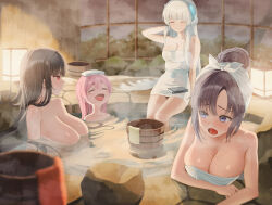 4girls =_= ^_^ black_hair blue_archive breasts bucket closed_eyes completely_nude fang grey_hair headgear highres koyuki_(blue_archive) lantern large_breasts multiple_girls naked_towel no_halo noa_(blue_archive) nude onsen partially_submerged pink_hair purple_hair refraction rio_(blue_archive) seminar_(blue_archive) shugo_15 skin_fang steam towel wooden_bucket yuuka_(blue_archive)