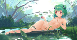 Rule 34 | 1girl, absurdres, aqua hair, arm support, backlighting, barefoot, blush, breasts, closed mouth, collarbone, completely nude, condom, condom wrapper, day, double bun, finger to mouth, full body, grass, hair bun, hair ornament, highres, hololive, index finger raised, looking at viewer, lying, navel, nipples, nude, on side, outdoors, plant, red eyes, shallow water, short hair, shushing, skull hair ornament, small breasts, smile, solo, stomach, tree, uruha rushia, virtual youtuber, water, wetland, zhongchun ci