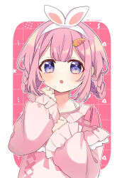 Rule 34 | 1girl, :o, absurdres, animal ears, blush, braided hair rings, carrot hair ornament, commentary request, fake animal ears, food-themed hair ornament, frilled sleeves, frills, hair ornament, hairband, hands up, highres, long sleeves, looking at viewer, naka, nightgown, nijisanji, official alternate costume, open mouth, pink background, pink hair, pink nightgown, purple eyes, rabbit ears, short hair, sleeves past wrists, solo, suo sango, suo sango (2nd costume), upper body, virtual youtuber, white hairband, wide sleeves
