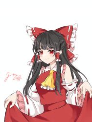 Rule 34 | 1girl, ascot, black hair, blush, bow, closed mouth, commentary request, detached sleeves, frilled bow, frilled hair tubes, frills, hair bow, hair tubes, hakurei reimu, highres, long hair, looking at viewer, mito (fate), partial commentary, red bow, red eyes, red skirt, ribbon-trimmed sleeves, ribbon trim, signature, skirt, skirt hold, skirt set, smile, solo, touhou, yellow ascot