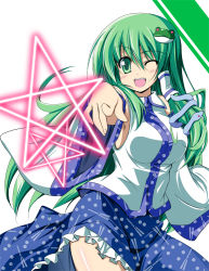 Rule 34 | 1girl, ;d, armpits, bare shoulders, blue skirt, breasts, detached sleeves, eyebrows, female focus, frilled skirt, frills, frog hair ornament, green eyes, green hair, hair ornament, hair tubes, kochiya sanae, large breasts, long hair, matching hair/eyes, one eye closed, open mouth, photoshop (medium), pointing, pointing at viewer, polka dot, polka dot skirt, sen (astronomy), shirt, skirt, sleeveless, sleeveless shirt, smile, snake hair ornament, solo, star (symbol), teeth, thighs, touhou, white sleeves, wink