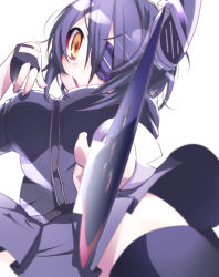 Rule 34 | 10s, 1girl, eyepatch, fingerless gloves, foreshortening, gloves, headgear, kantai collection, looking at viewer, open mouth, perspective, purple hair, short hair, solo, soratoa, sword, tenryuu (kancolle), thighhighs, weapon, yellow eyes
