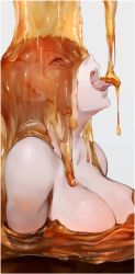 Rule 34 | 1girl, absurdres, breasts, cleavage, commentary request, highres, honey, ibuo (ibukht1015), large breasts, looking at viewer, original, pale skin, pouring, sexually suggestive, solo, suggestive fluid, tongue, tongue out