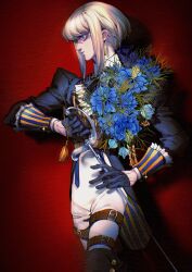 Rule 34 | 1boy, absurdres, alternate costume, belt, blonde hair, blue bow, blue bowtie, blue eyes, blue flower, blue gloves, blue jacket, boots, boutonniere, bow, bowtie, closed mouth, cowboy shot, earrings, eyelashes, eyeliner, flower, flower request, formal, glint, gloves, half gloves, highres, holding, holding sword, holding weapon, jacket, jewelry, lio fotia, lonelyspirit, long sleeves, looking away, looking to the side, makeup, male focus, pants, profile, promare, rapier, red background, shadow, sheath, short hair, sidelocks, simple background, sleeve cuffs, solo, sparkle, striped, sword, tailcoat, tassel, thigh belt, thigh boots, thigh strap, tight clothes, tight pants, unsheathing, vertical stripes, weapon, white pants