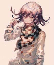 Rule 34 | 1boy, arm belt, belt, black scarf, brown background, buttons, chain, checkered clothes, checkered scarf, closed mouth, commentary request, danganronpa (series), danganronpa v3: killing harmony, double-breasted, expressionless, fingernails, highres, holding, holding own hair, jacket, layered sleeves, lemontea, light frown, light particles, long sleeves, looking at hand, male focus, multicolored buttons, oma kokichi, purple eyes, purple hair, scarf, short hair with long locks, signature, simple background, sleeve garter, solo, two-tone scarf, upper body, white belt, white jacket, white scarf