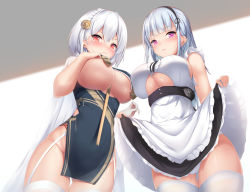 Rule 34 | 2girls, apron, azur lane, bare shoulders, black hairband, black skirt, blouse, blunt bangs, blush, braid, breast curtains, breasts, center frills, china dress, chinese clothes, clothes lift, clothing cutout, commentary request, cowboy shot, crown braid, dido (azur lane), dress, earrings, frills, garter straps, gluteal fold, groin, hair between eyes, hair ornament, hairband, highres, jewelry, large breasts, lifting own clothes, long hair, looking at viewer, multiple girls, no panties, panties, pelvic curtain, petticoat, pink eyes, red eyes, revealing clothes, shirt, short hair, sidelocks, sirius (azur lane), sirius (azure horizons) (azur lane), skirt, skirt lift, sleeveless, sleeveless shirt, standing, tatsumiya kagari, thighhighs, thighs, underboob cutout, underwear, waist apron, white apron, white hair, white legwear, white panties, white shirt