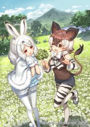 Rule 34 | animal ears, animal print, arctic hare (kemono friends), bare shoulders, boots, bow, bowtie, brown eyes, brown hair, brown shirt, capelet, clover, commentary request, cutoff jeans, cutoffs, detached sleeves, extra ears, four-leaf clover, fur trim, giraffe print, kawaku, kemono friends, kemono friends 3, meadow, mittens, official art, okapi (kemono friends), okapi ears, okapi tail, one eye closed, pantyhose, print legwear, print neckwear, print pantyhose, print sleeves, rabbit ears, rabbit girl, rabbit tail, red eyes, shirt, short hair, shorts, standing, standing on one leg, tail, white capelet, white fur, white hair, white legwear, white mittens, white shorts, zebra print