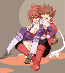 Rule 34 | 00s, age difference, belt, blush, boots, breasts, brown eyes, brown hair, cum, detached sleeves, father and son, fingering, fingerless gloves, gender request, genderswap, gloves, incest, kratos aurion, lloyd irving, lowres, red eyes, red hair, short hair, suspenders, tales of (series), tales of symphonia, tears
