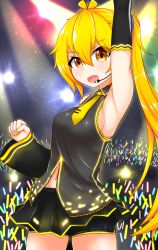 Rule 34 | 1girl, absurdres, akita neru, arm up, armpits, bare shoulders, bike shorts, black shirt, black shorts, black skirt, black sleeves, blonde hair, breasts, commentary, concert, cowboy shot, detached sleeves, english commentary, fang, glowing, hayana neru, headset, highres, looking at viewer, medium breasts, microskirt, nail polish, navel, necktie, open mouth, pleated skirt, ponytail, shirt, short necktie, shorts, side ponytail, sideboob, skirt, sleeveless, sleeveless shirt, smile, spotlight, vocaloid, yellow eyes, yellow nails, yellow neckwear