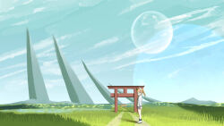 Rule 34 | 1girl, animal ear fluff, animal ears, black shorts, blonde hair, blue eyes, blue sky, cloud, commentary request, concept art, day, fox ears, full moon, glasses, grass, highres, jacket, kuro kosyou, long sleeves, looking at viewer, moon, original, outdoors, path, ponytail, road, scenery, shoes, shorts, sky, solo, standing, torii, white footwear, white jacket