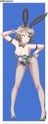 Rule 34 | 1girl, animal ears, bent over, blue eyes, breasts, brown hair, cleavage, dorsalec, fishnet pantyhose, fishnets, high heels, highres, leotard, love live!, love live! sunshine!!, medium breasts, pantyhose, playboy bunny, rabbit ears, salute, short hair, solo, thighs, watanabe you, wrist cuffs